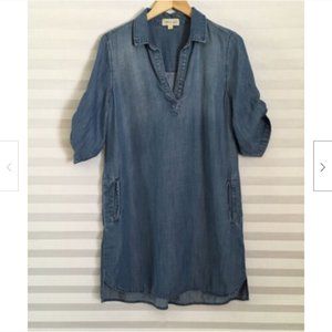 Cloth & Stone Anthropologie Blue Chambray Elbow Sleeve V-Neck Jean Shirt Dress M